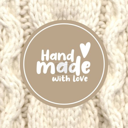 Illustration for Hand made with love label, sticker background, cut out, beige, craft, crochet, knit - Royalty Free Image