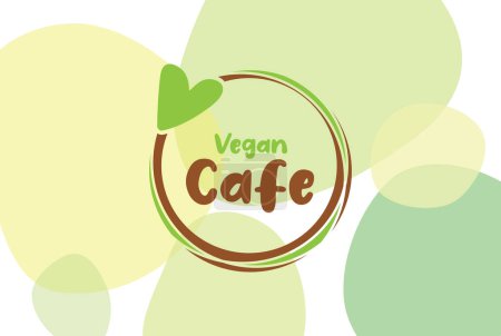 Ilustración de Signo de café vegano, etiqueta, pegatina, diseño de texto con formas verdes transparentes y contorno con corazón, fondo blanco - Imagen libre de derechos