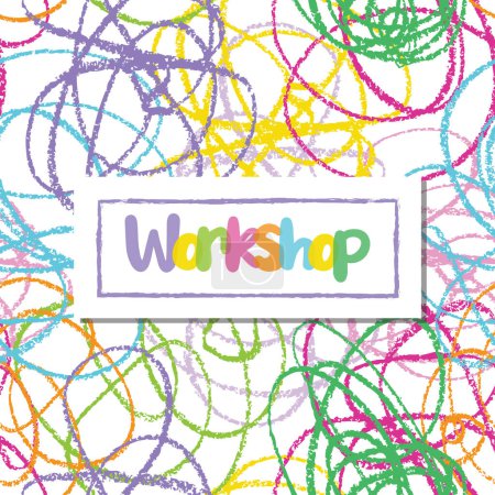 Illustration for Workshop banner typography background sign, label, sticker, text design, pink, purple, lilac, blue, white background, tag, crayon scribble design - Royalty Free Image