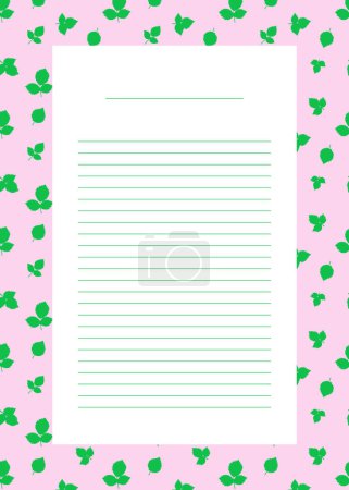 Illustration for Empty Note template page with lines, natural background, leaves decor, pink and green tones - Royalty Free Image