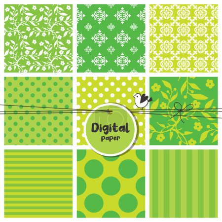Illustration for Digital papers, Set of seamless patterns, flowers, dots, stripes. Green tones. - Royalty Free Image