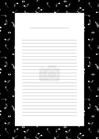 Illustration for Empty Note template page with lines, musical notes on black background - Royalty Free Image