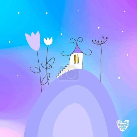 Ilustración de Casa en la colina, hacer todas las cosas con amor, dibujado a mano, cuento de hadas - Imagen libre de derechos