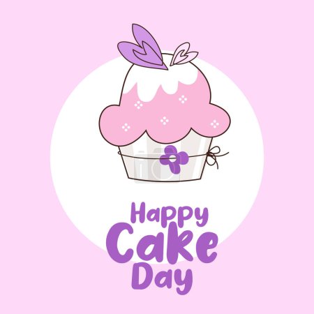 Illustration for Happy cake day template, design element. Celebration event. Sweet cupcake, pink background. - Royalty Free Image