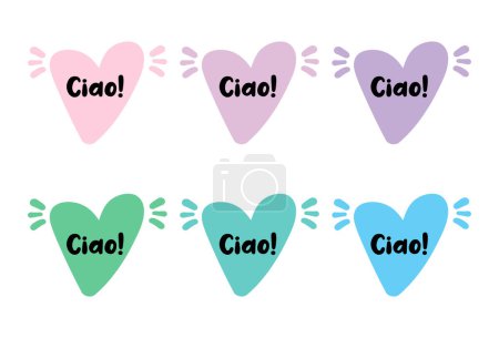 Illustration for Ciao sign, label, sticker, text design with pink, lilac, green, blue tones heart - Royalty Free Image