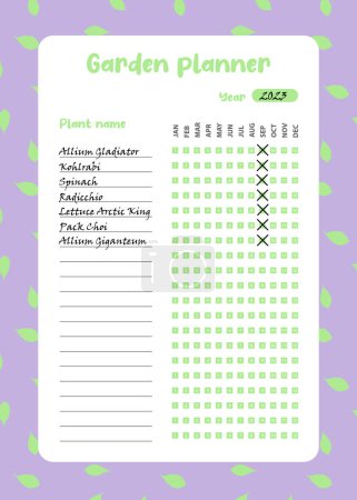 Illustration for Garden planner, planting, monthly with check boxes. for family, Template page with lines, natural background, leaves decor, green tones, herbs decor - Royalty Free Image