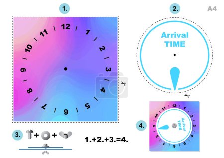 Ilustración de Tiempo de estacionamiento, disco - Temporizador de disco de estacionamiento de coches, visualización de la hora de llegada del reloj, diseño azul y rosa, imprimible A4, de la serie de discos de estacionamiento - Imagen libre de derechos