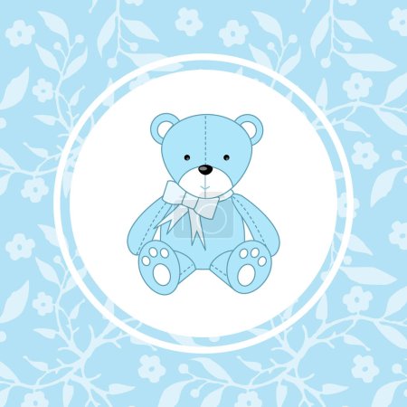 Téléchargez les illustrations : Ours en peluche - design de personnage bleu mignon, carte d'arrivée de bébé garçon, fond de couleur bleue avec des fleurs - en licence libre de droit