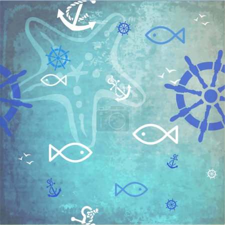Ilustración de Marina marina, fondo retro El patrón de fondo de verano, azulejos decorativos tonos azules. - Imagen libre de derechos