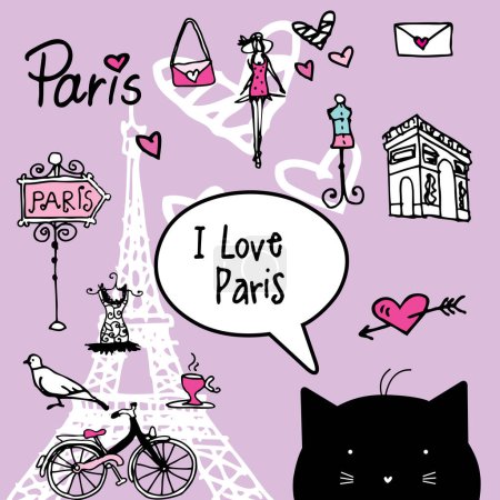 Ilustración de Me encanta París. Los símbolos garabatean. Pegatinas. Ilustraciones hechas a mano. Contexto. - Imagen libre de derechos