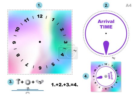 Illustration for Time parking, disc - Car Parking Disc Timer, Clock Arrival Time Display , blue and pink design, printable A4, from Parking disc serie - Royalty Free Image