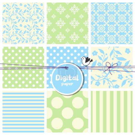 Illustration for Set of Digital papers, Set of seamless patterns, flowers, dots, stripes, square swatches, green, beige, blue, white color - Royalty Free Image
