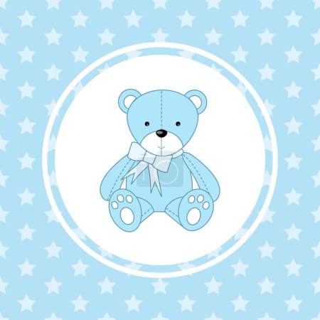Téléchargez les illustrations : Ours en peluche - design de personnage bleu mignon, carte d'arrivée de bébé garçon, fond de couleur bleue avec de petites étoiles - en licence libre de droit