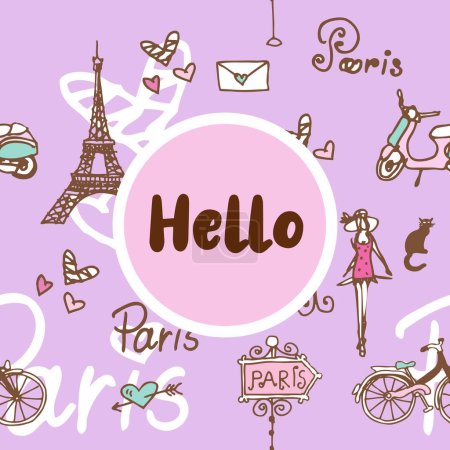 Téléchargez les illustrations : Bonjour Paris thème. Modèle de carte de voeux avec illustration dessinée à la main. - en licence libre de droit