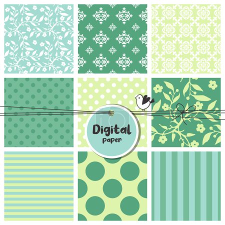 Illustration for Digital papers, Set of seamless patterns, flowers, dots, stripes, square swatches - Royalty Free Image