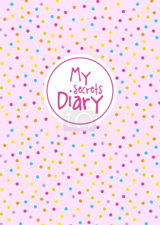 Illustration for Secrets diary template, colorful dots on pink background - Royalty Free Image