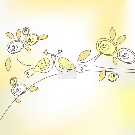 Ilustración de Beso, príncipe y princesa paloma en la rama, dibujo, decoración de la pared, dibujado a mano - Imagen libre de derechos