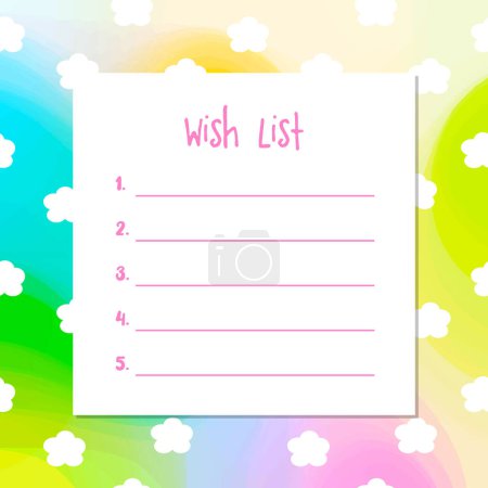 Illustration for The Wish list, template. Printable. White clouds on colorful background - Royalty Free Image
