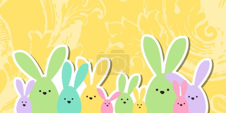 Téléchargez les illustrations : Carte de vœux de Pâques, famille de lapins de Pâques colorés sur fond floral historique - en licence libre de droit