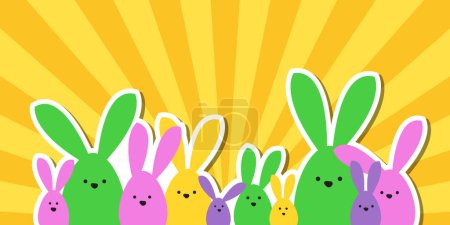 Illustration for Celebration Greeting Easter card, colorful easter bunny family on yellow sunbeam background - Royalty Free Image