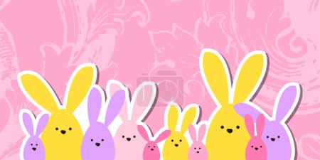 Illustration for Greeting Easter card, colorful easter bunny family on floral background - Royalty Free Image