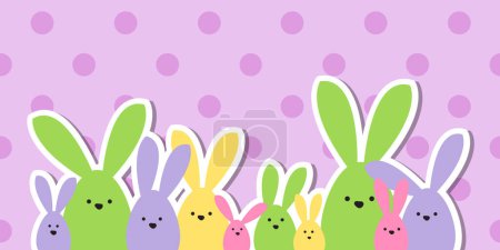 Illustration for Celebration Greeting Easter card, colorful easter bunny family on polka dot background - Royalty Free Image