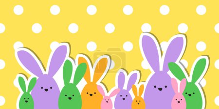 Téléchargez les illustrations : Célébration Carte de vœux de Pâques, famille de lapin de Pâques coloré sur fond à pois - en licence libre de droit
