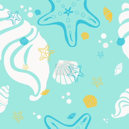 Illustration for Beach shells and stars seamless pattern. Summer holidays background. - Royalty Free Image
