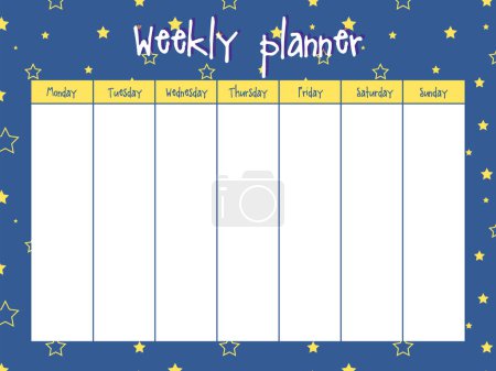 Illustration for Starry night  Weekly planner for busy hardworking person. Blank template with stars. - Royalty Free Image