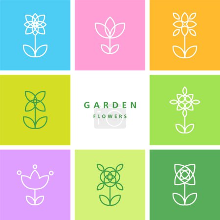 Téléchargez les illustrations : Les fleurs du jardin - ensemble de fleurs - élément de ligne de conception décorative - en licence libre de droit