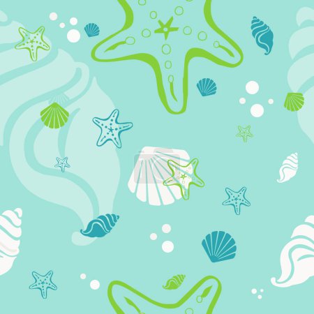 Ilustración de Conchas de playa y estrellas patrón sin costuras. Vacaciones de verano fondo. - Imagen libre de derechos