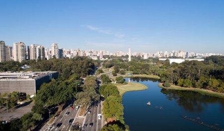 Photo for Aerial view of Ibirapuera park in Sao Paulo city and obelisk monument. Prevervetion area with trees and green area of Ibirapuera park. - Royalty Free Image