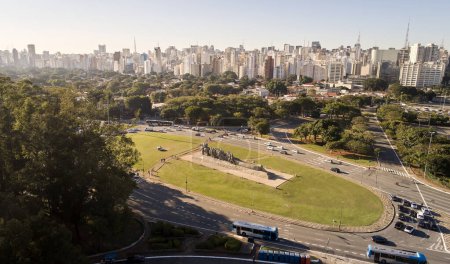 Photo for Ibirapuera in Sao Paulo city and buildings of Avenida Paulista  in the background. Prevervetion area with trees and green area of Ibirapuera park. - Royalty Free Image