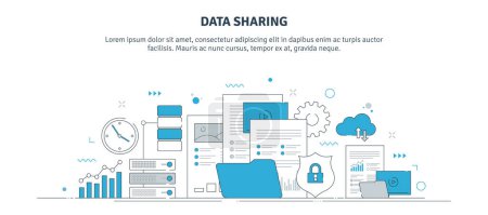 Photo for Thin line icon design with data sharing concept, backup, database, data security and cloud services. Internet banner layout with computer, server, chart, files and documents icons. - Royalty Free Image