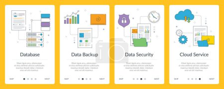 Photo for Thin line icon design with data sharing concept, backup, database, data security and cloud services. Internet banner layout with computer, server, chart, files and documents icons. - Royalty Free Image