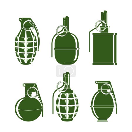 Silhouettes of various combat grenades on a white background.