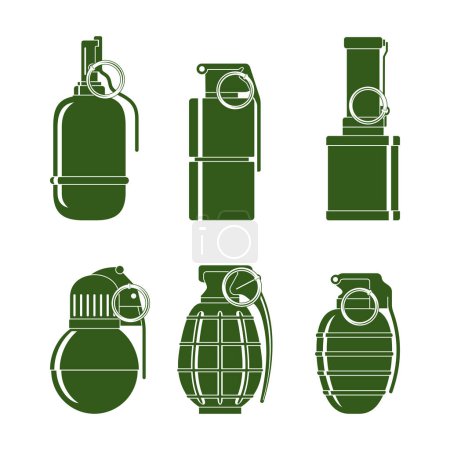 Téléchargez les illustrations : Green silhouettes of various combat grenades. Set on a white background. - en licence libre de droit