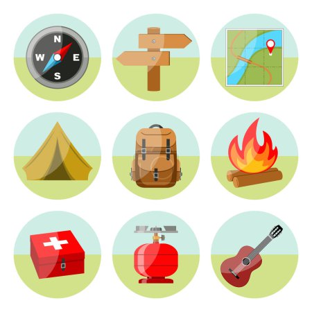 Hiking icons set. Colored round icons on a white background. 