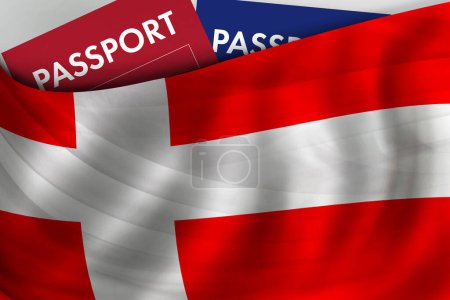 Foto de Fondo de la bandera danesa y pasaporte de Dinamarca. Ciudadanía, inmigración legal oficial, visado, negocios y concepto de viaje. - Imagen libre de derechos