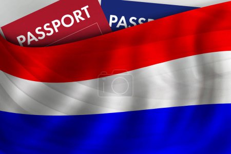 Foto de Países Bajos fondo de la bandera y pasaporte de los Países Bajos. Ciudadanía, inmigración legal oficial, visado, negocios y concepto de viaje. - Imagen libre de derechos