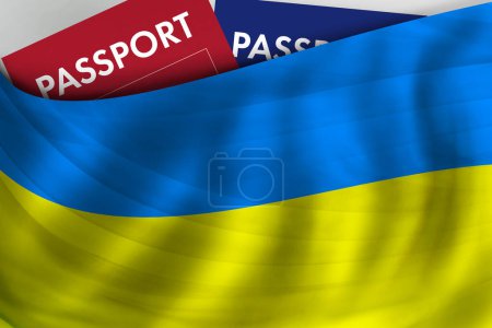 Foto de Bandera de Ucrania antecedentes y pasaporte de Ucrania. Ciudadanía, inmigración legal oficial, visado, negocios y concepto de viaje. - Imagen libre de derechos