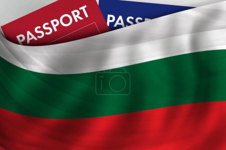 Foto de Antecedentes de bandera búlgara y pasaporte de Bulgaria. Ciudadanía, inmigración legal oficial, visado, negocios y concepto de viaje. - Imagen libre de derechos