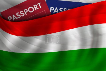 Foto de Fondo de la bandera húngara y pasaporte de Hungría. Ciudadanía, inmigración legal oficial, visado, negocios y concepto de viaje. - Imagen libre de derechos