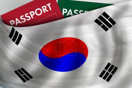 Téléchargez les photos : Drapeau sud-coréen et passeport de la République de Corée. Citoyenneté, immigration légale officielle, visa, concept d'affaires et de voyage. - en image libre de droit