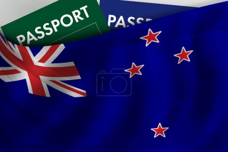 New Zealand flag background and passport of New Zealand. Citizenship, official legal immigration, visa, business and travel concept. 