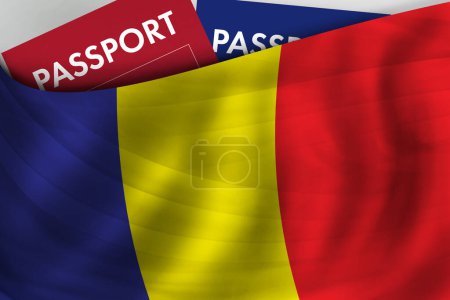 Foto de Antecedentes de bandera rumana y pasaporte de Rumania. Ciudadanía, inmigración legal oficial, visado, negocios y concepto de viaje. - Imagen libre de derechos