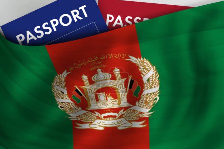 Foto de Fondo de la bandera de Afganistán y pasaporte de Afganistán. Ciudadanía, inmigración legal oficial, visado, negocios y concepto de viaje. - Imagen libre de derechos