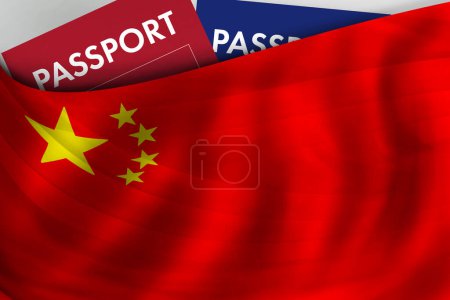 Foto de Chinese flag background and passport of China. Citizenship, official legal immigration, visa, business and travel concept. - Imagen libre de derechos