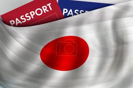 Foto de Japanese flag background and passport of Japan. Citizenship, official legal immigration, visa, business and travel concept. - Imagen libre de derechos