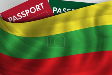 Foto de Lithuanian flag background and passport of Lithuania. Citizenship, official legal immigration, visa, business and travel concept. - Imagen libre de derechos